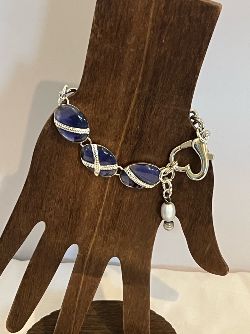 Silver Bracelet with Deep Purple Glass Stones and Heart Clasp